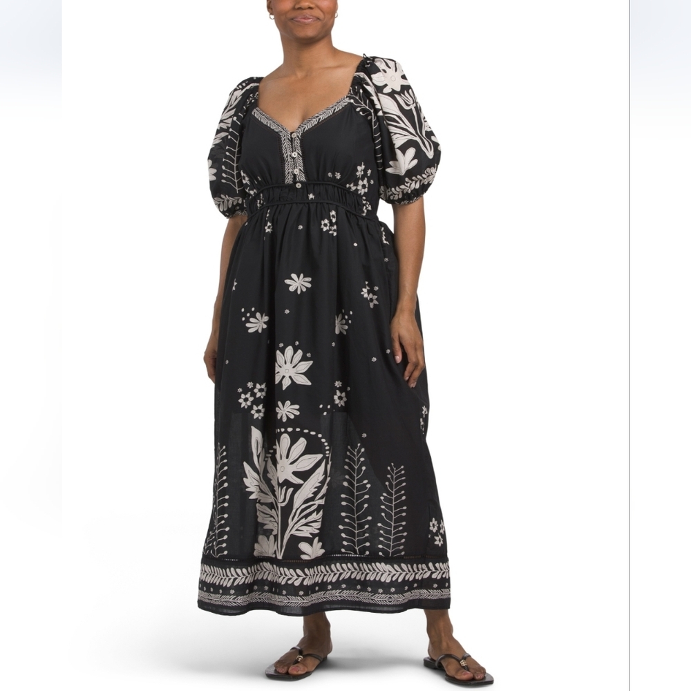 Ellen Tracy Women's Black Floral Puff Sleeve Maxi Dress